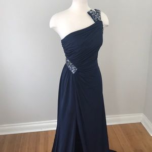 Val Stefani Navy One Shoulder Leg Slit Gown (1)